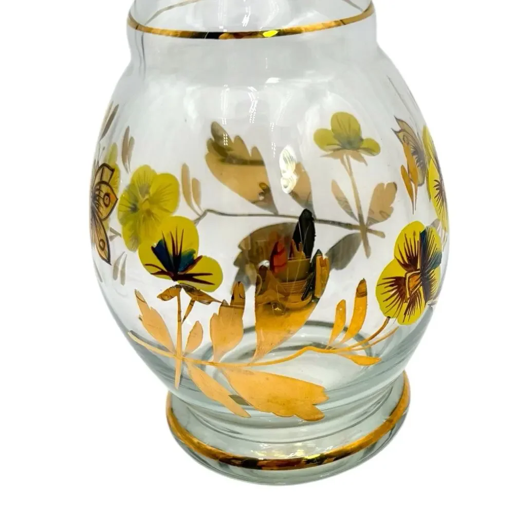 Vtg Romanian Hand Painted Crystal Floral Decanter & 5 Stemmed Glasses Yellow EUC
